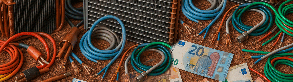 Darstellung von Kupferkabeln, Alu-Kupfer-Kühlern und weiteren Recyclingmaterialien, die auf einer Fläche aus recyceltem Kupfergranulat liege