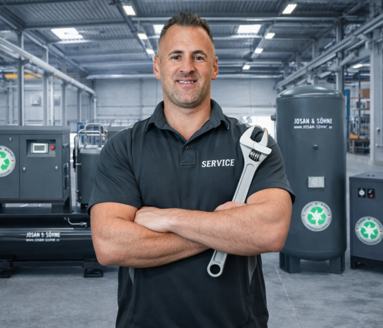 Nico führt einen Service in der Maschinenhalle aus und hält dabei einen Schraubenschlüssel