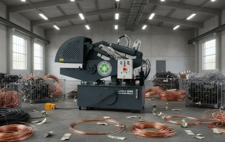 Alligatorschere im Recycling-Einsatz Alligatorschere im Einsatz beim Schneiden von Metall und Kabelmaterial.