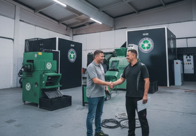 Nico von JOSAN & SÖHNE schüttelt glücklichem Kunden die Hand, der gerade eine Recyclingmaschine gekauft hat.