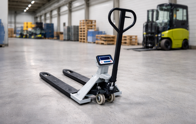 JOSAN Hubwagen mit Waage beim Transport einer Gitterbox in einer Lagerhalle.