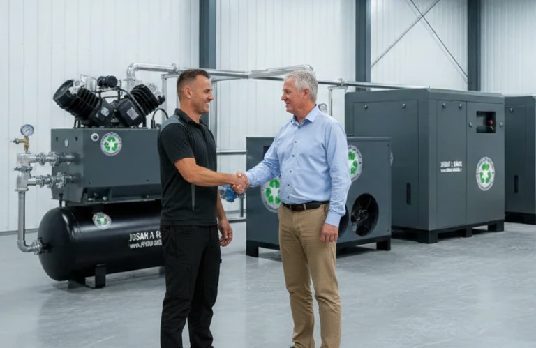 JOSAN & SÖHNE Kundenversprechen - Notstromaggregate sofort verfügbar und abholbereit Nico von JOSAN & SÖHNE schüttelt glücklichem Kunden die Hand, der gerade ein Notstromaggregat gekauft hat