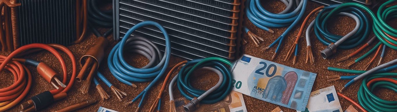 Kupferkabel, Kühler & Recyclingmaterialien auf Kupfergranulat Darstellung von Kupferkabeln, Alu-Kupfer-Kühlern und weiteren Recyclingmaterialien, die auf einer Fläche aus recyceltem Kupfergranulat liege