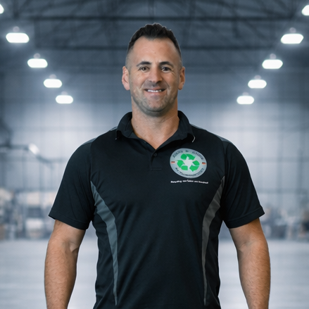 Mann in schwarzem Poloshirt steht in einer Lagerhalle mit vielen Lichtern.